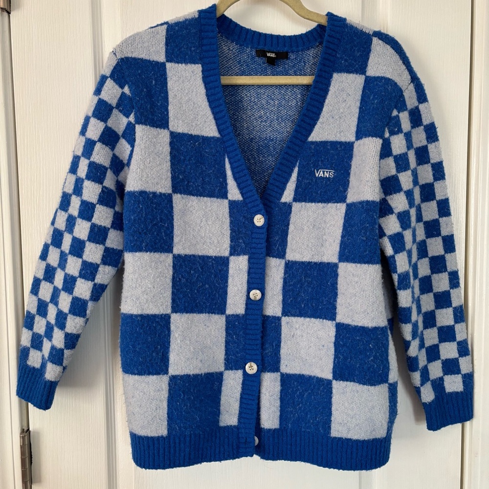 Vans Women's Blue and White Checkerboard Cardigan-Small